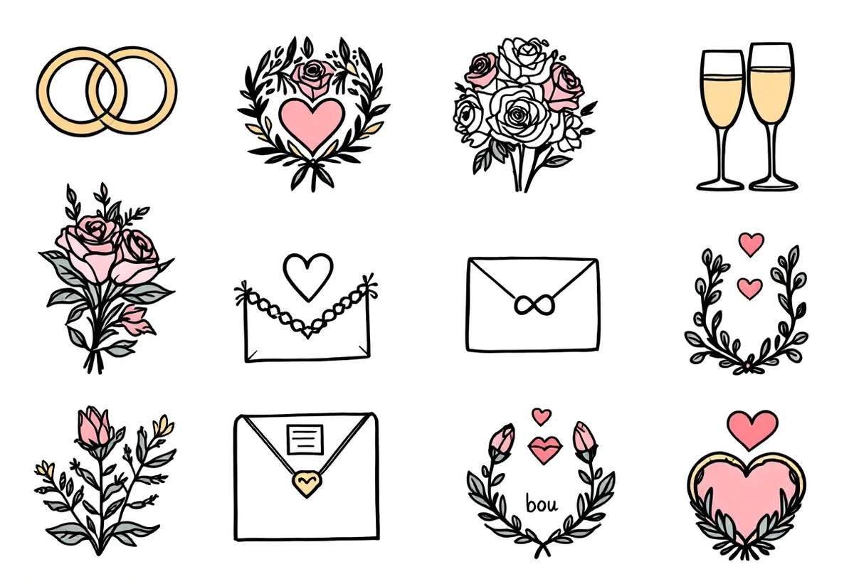 Cartela de tatuagens temporárias Casamento — Modelo 1 (Adulto). Inclui aliança, alianças, buquê, rosas