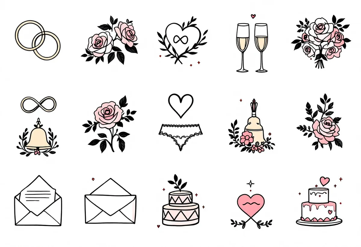 Cartela de tatuagens temporárias Casamento — Modelo 2 (Adulto). Inclui aliança, alianças, rosas, coração