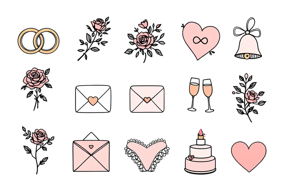 Cartela de tatuagens temporárias Casamento — Modelo 3 (Adulto). Inclui aliança, alianças, rosas, coração