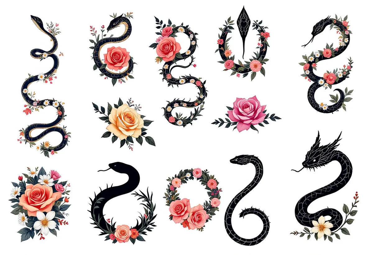 Cartela de tatuagens temporárias Cobras Florais — Modelo 1 (Adulto). Inclui cobra, serpente, rosa, flores