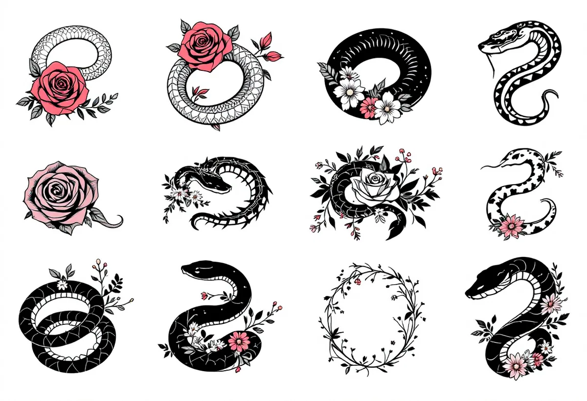 Cartela de tatuagens temporárias Cobras Florais — Modelo 2 (Adulto). Inclui cobra, serpente, rosa, flores