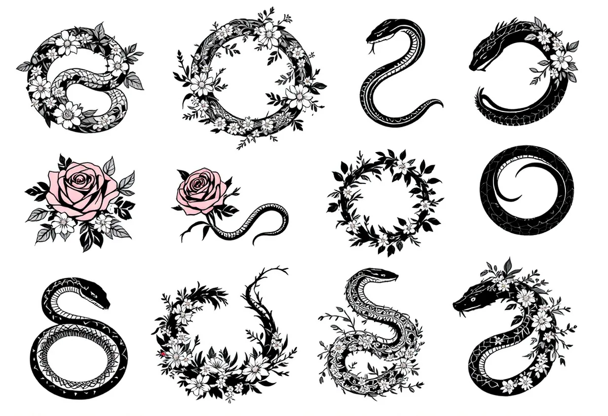 Cartela de tatuagens temporárias Cobras Florais — Modelo 3 (Adulto). Inclui cobra, serpente, rosa, coroa de flores