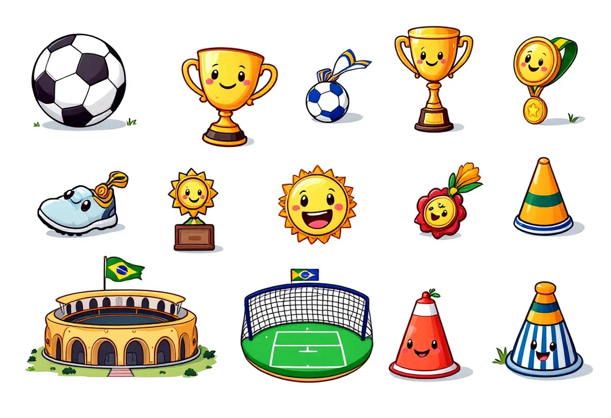 Cartela de tatuagens temporárias Copa do Mundo — Modelo 2 (Infantil). Inclui bola, troféu, taça, medalha