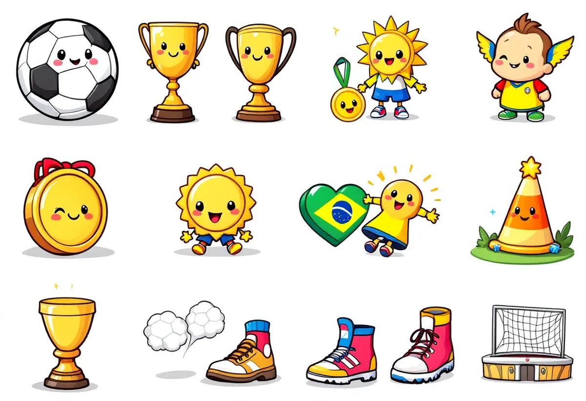 Cartela de tatuagens temporárias Copa do Mundo — Modelo 3 (Infantil). Inclui bola, troféu, medalha, chuteira