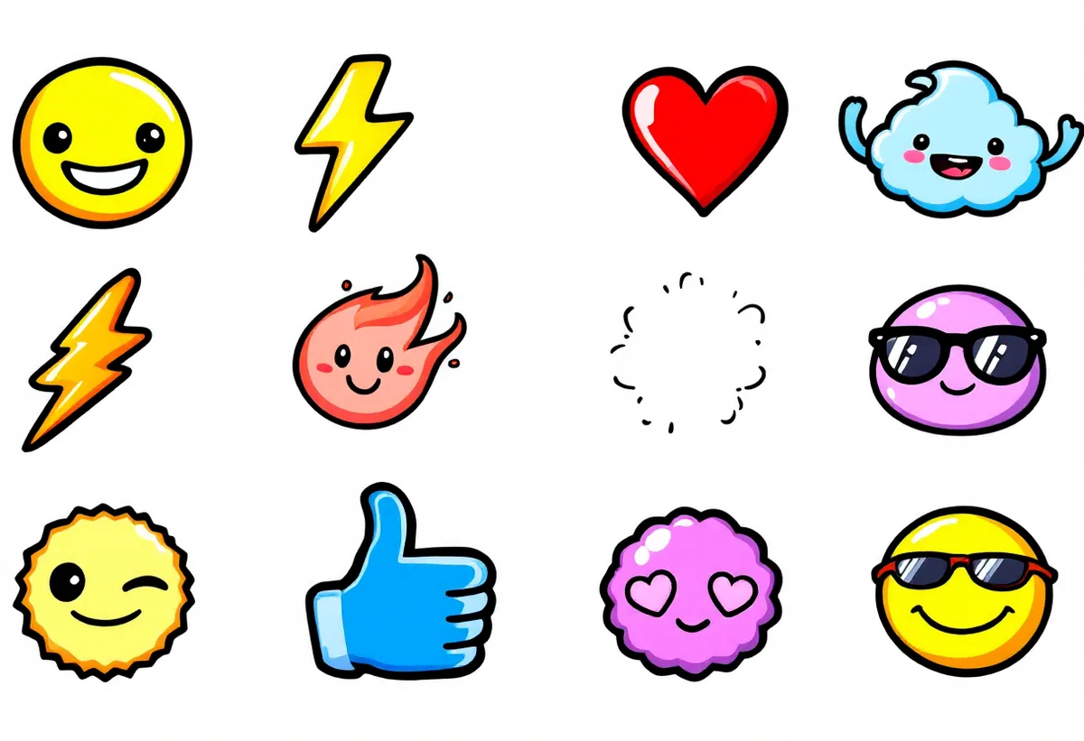Cartela de tatuagens temporárias Emojis — Modelo 3 (Infantil). Inclui emoji, carinha, sorriso, estrela