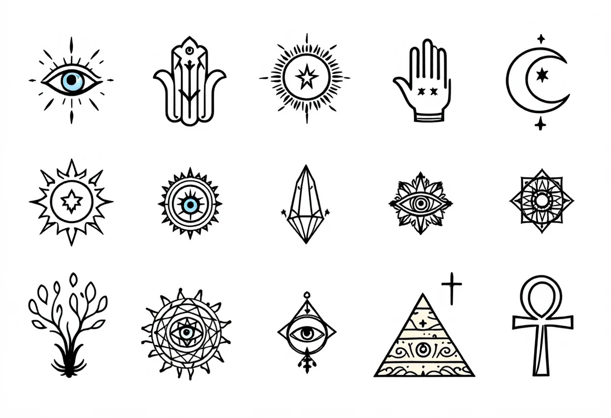 Cartela de tatuagens temporárias Esotérico & Místico — Modelo 1 (Adulto). Inclui olho grego, olho, hamsa, mão de fátima