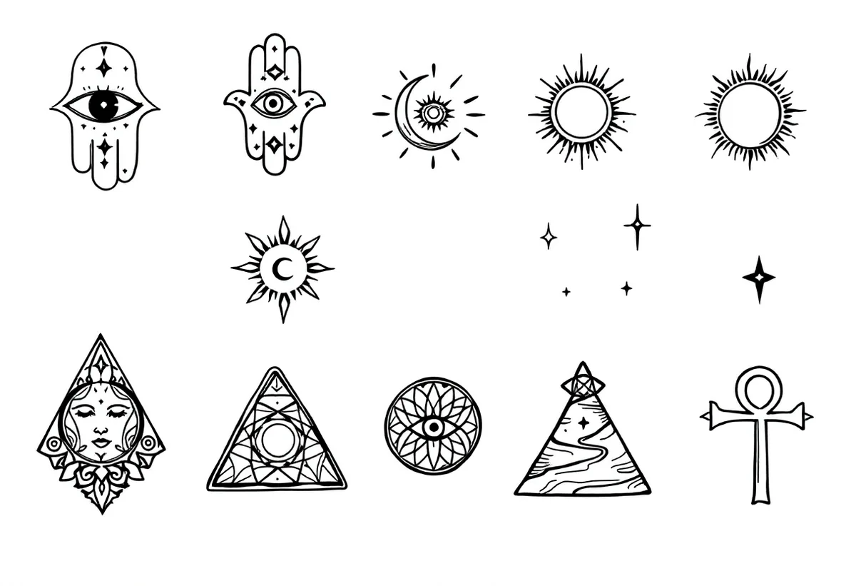 Cartela de tatuagens temporárias Esotérico & Místico — Modelo 2 (Adulto). Inclui hamsa, mão de fátima, olho, lua