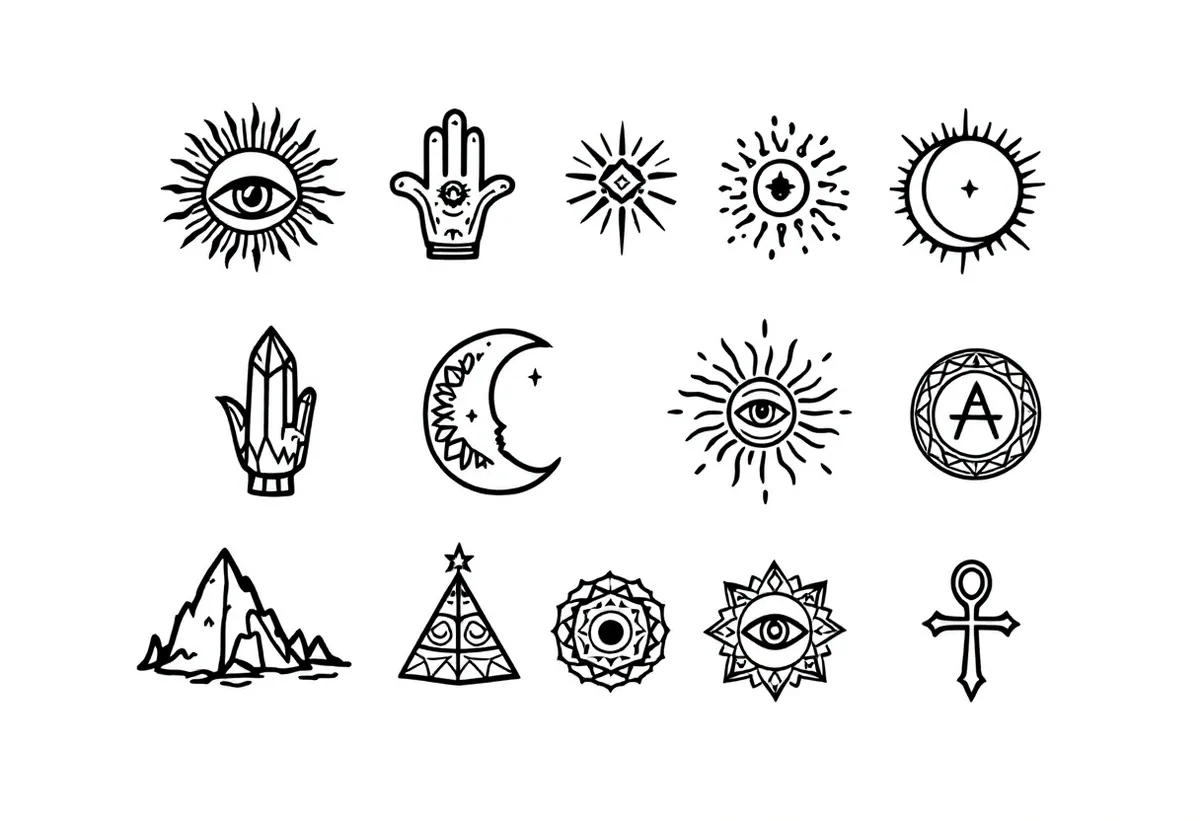 Cartela de tatuagens temporárias Esotérico & Místico — Modelo 3 (Adulto). Inclui olho, hamsa, sol, lua