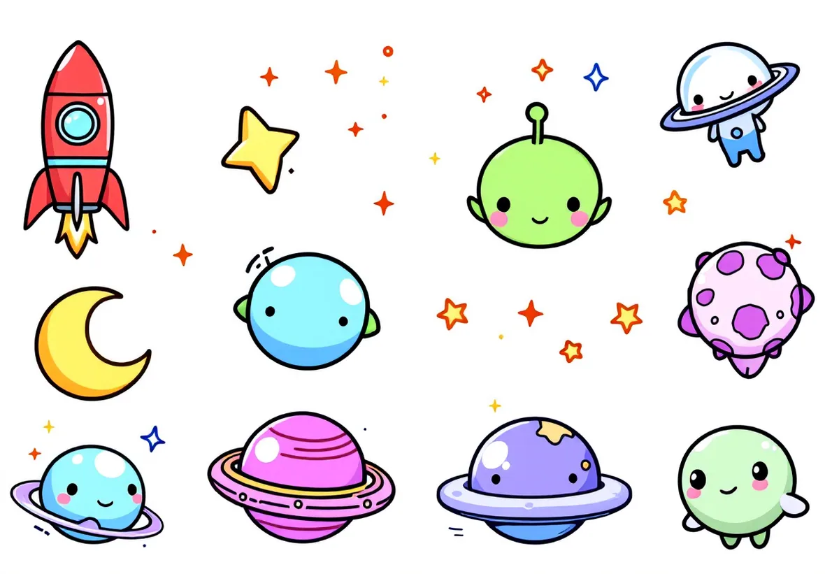 Cartela de tatuagens temporárias Espacial — Modelo 2 (Infantil). Inclui foguete, estrela, lua, planeta