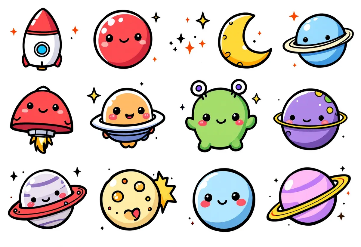 Cartela de tatuagens temporárias Espacial — Modelo 3 (Infantil). Inclui foguete, planeta, lua, alienígena