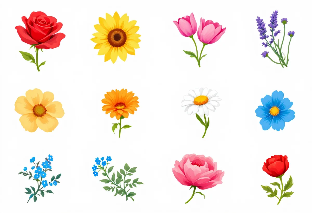 Cartela de tatuagens temporárias Florais Coloridos — Modelo 1 (Adulto). Inclui rosa, girassol, tulipa, lavanda