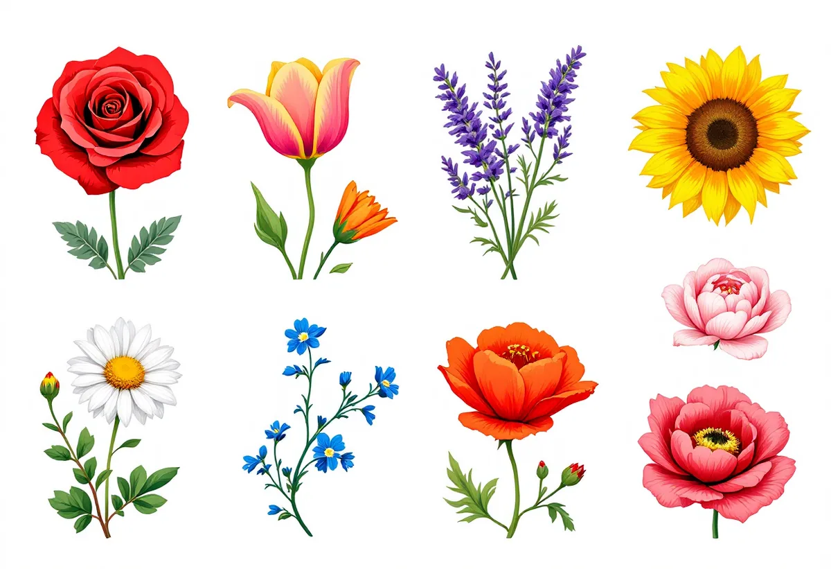 Cartela de tatuagens temporárias Florais Coloridos — Modelo 2 (Adulto). Inclui rosa, tulipa, lavanda, girassol