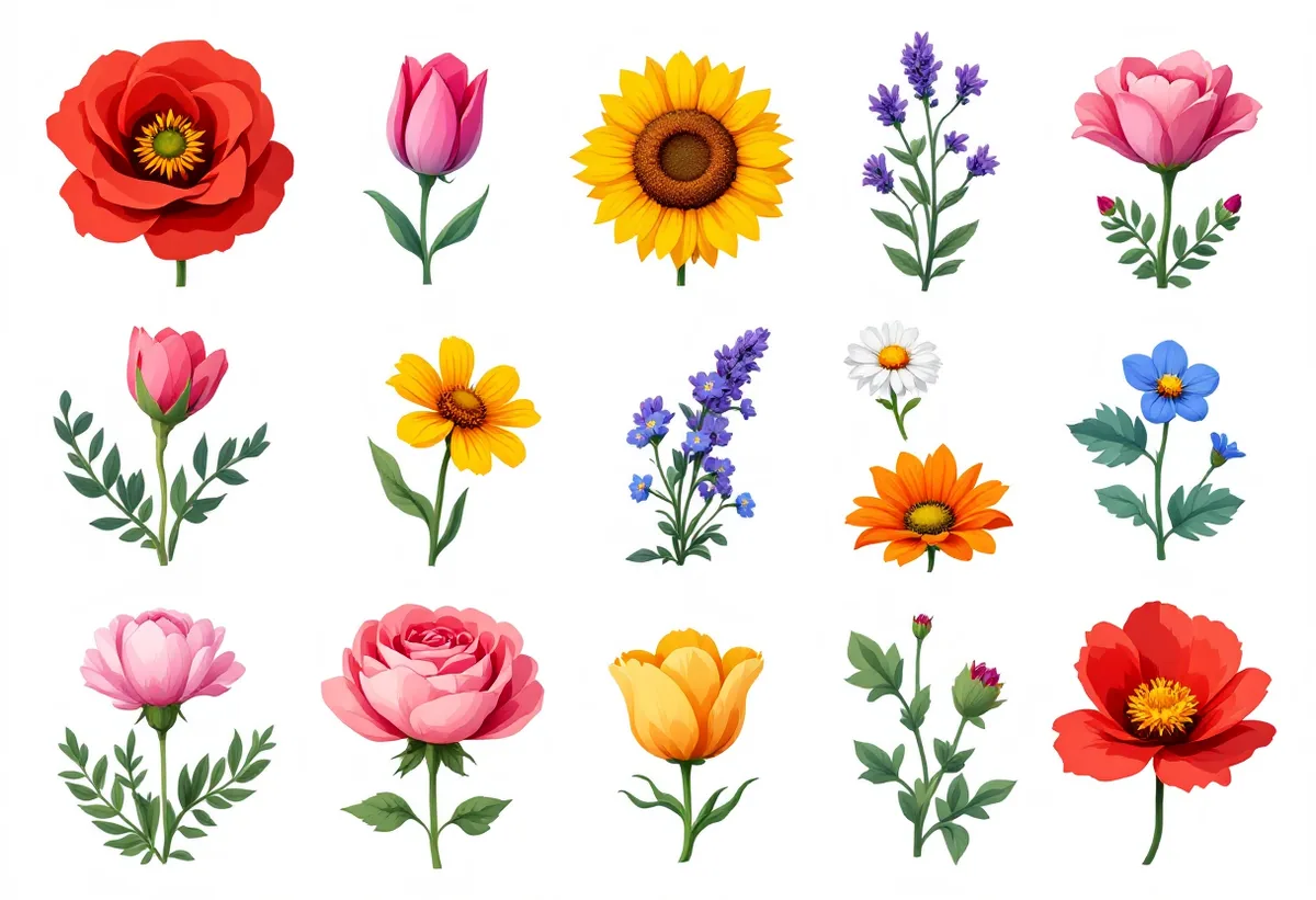 Cartela de tatuagens temporárias Florais Coloridos — Modelo 3 (Adulto). Inclui papoula, tulipa, girassol, lavanda