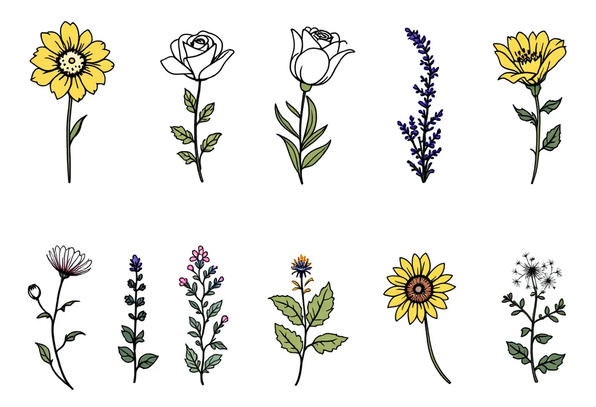 Cartela de tatuagens temporárias Florais Fineline — Modelo 1 (Adulto). Inclui girassol, rosa, tulipa, lavanda