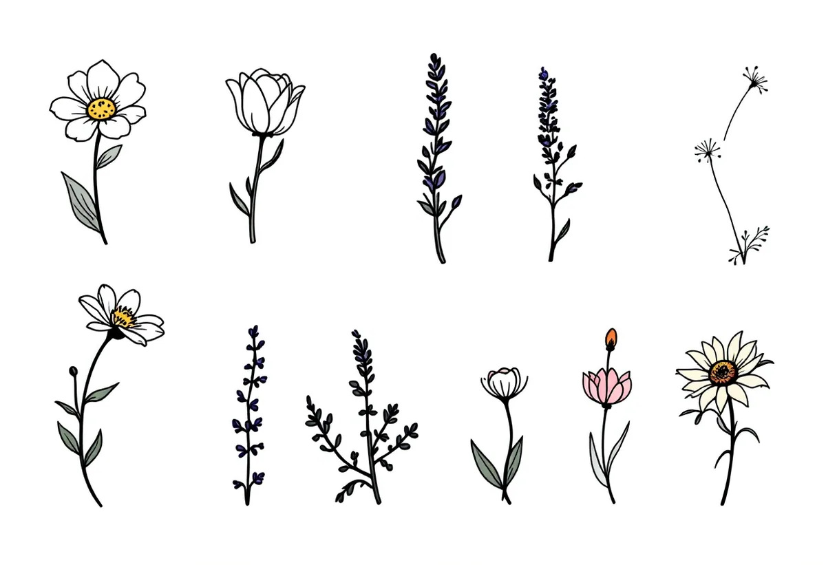 Cartela de tatuagens temporárias Florais Fineline — Modelo 2 (Adulto). Inclui margarida, tulipa, lavanda, dente-de-leão