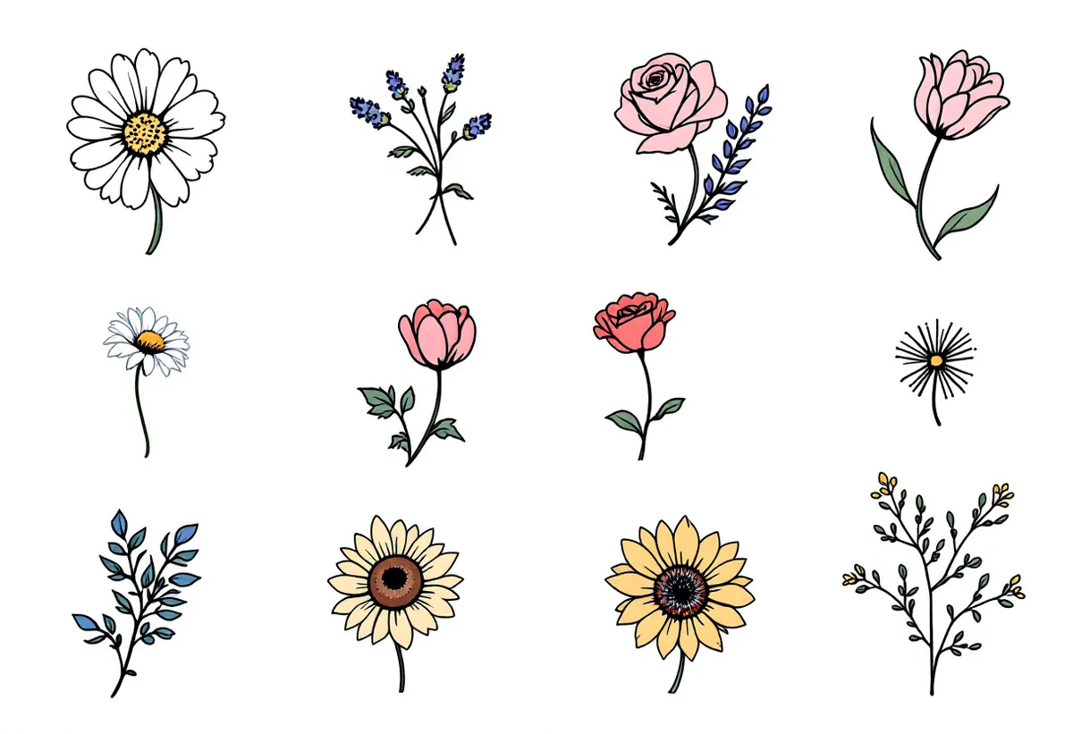 Cartela de tatuagens temporárias Florais Fineline — Modelo 3 (Adulto). Inclui margarida, lavanda, rosa, tulipa