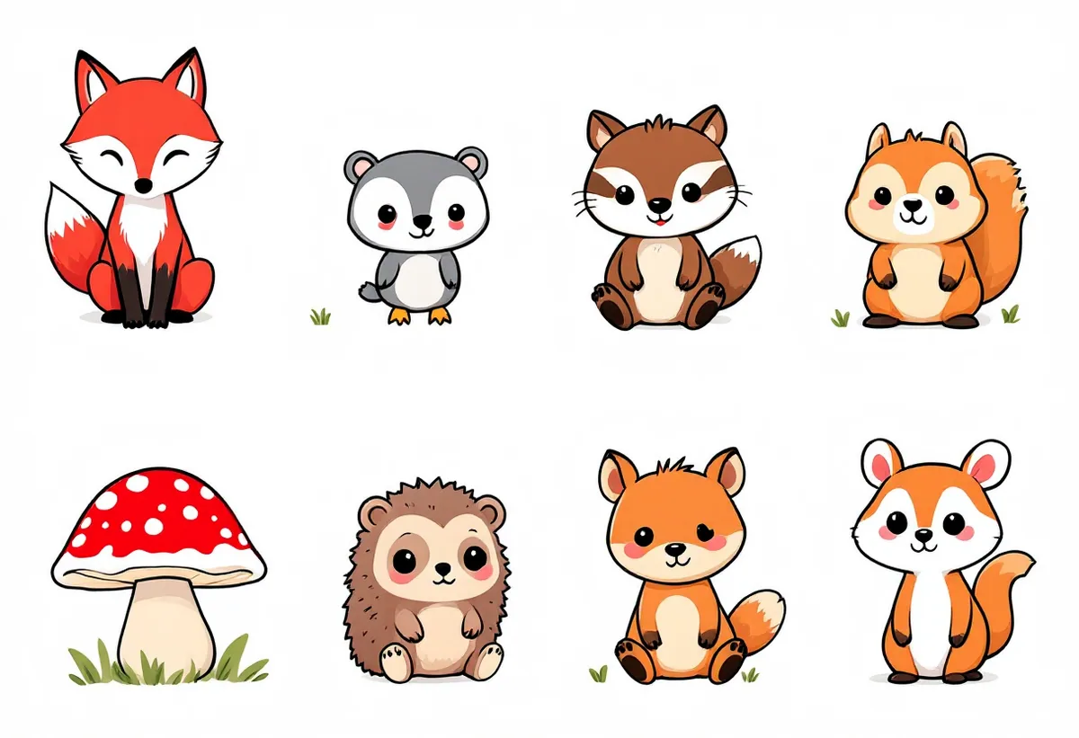 Cartela de tatuagens temporárias Bichos da Floresta — Modelo 1 (Infantil). Inclui raposa, texugo, esquilo, cogumelo