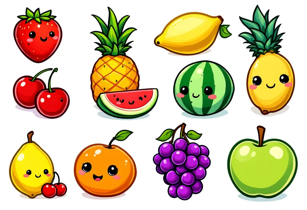 Cartela de tatuagens temporárias Frutas — Modelo 1 (Infantil). Inclui morango, abacaxi, limão, cereja