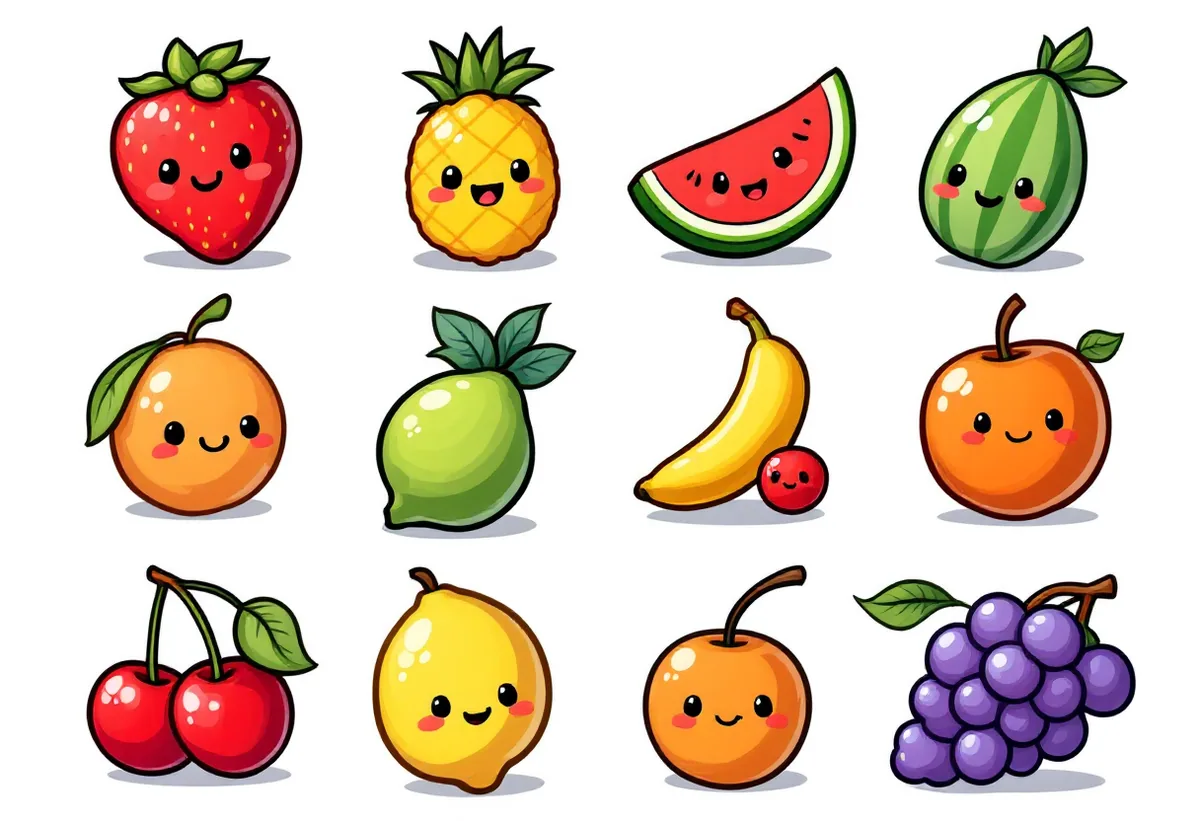Cartela de tatuagens temporárias Frutas — Modelo 2 (Infantil). Inclui morango, abacaxi, melancia, banana