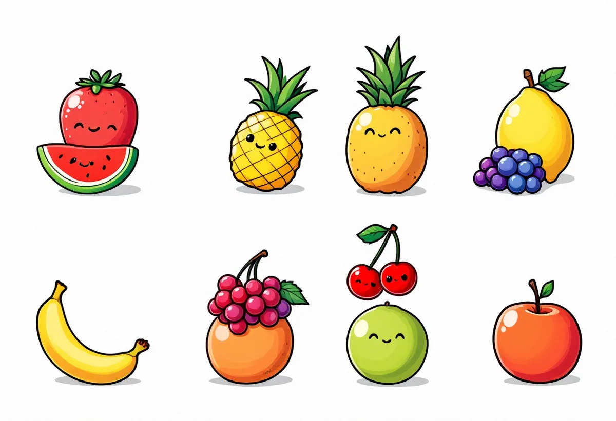 Cartela de tatuagens temporárias Frutas — Modelo 3 (Infantil). Inclui melancia, morango, abacaxi, uva
