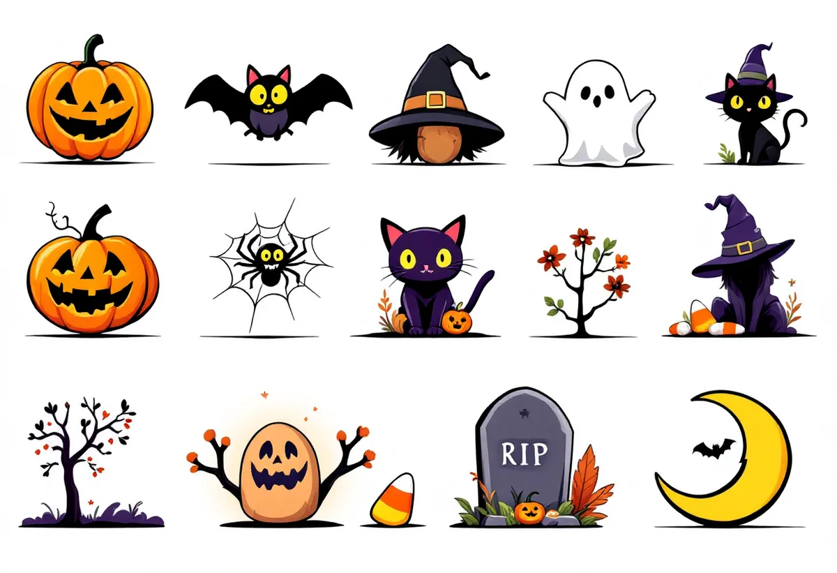 Cartela de tatuagens temporárias Halloween — Modelo 1 (Adulto). Inclui abóbora, morcego, chapéu de bruxa, bruxa