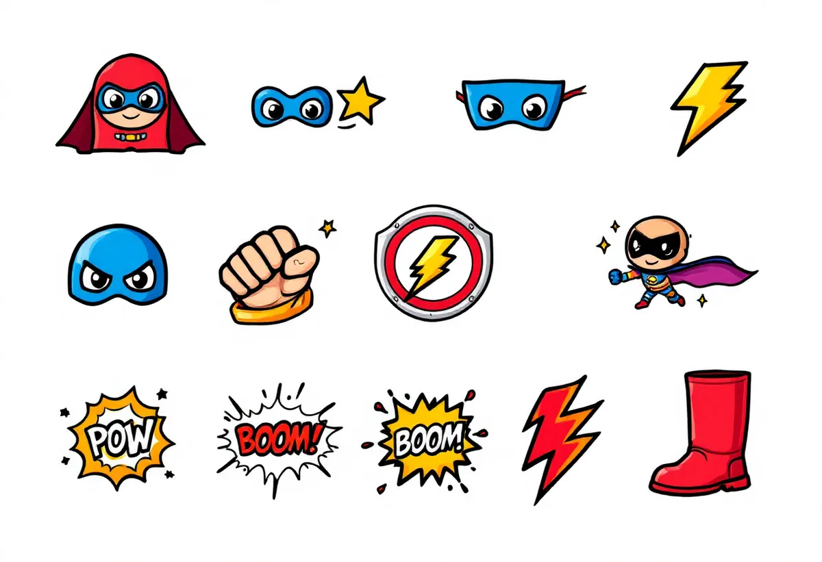 Cartela de tatuagens temporárias Super-heróis — Modelo 2 (Infantil). Inclui super-herói, herói, máscara, capa