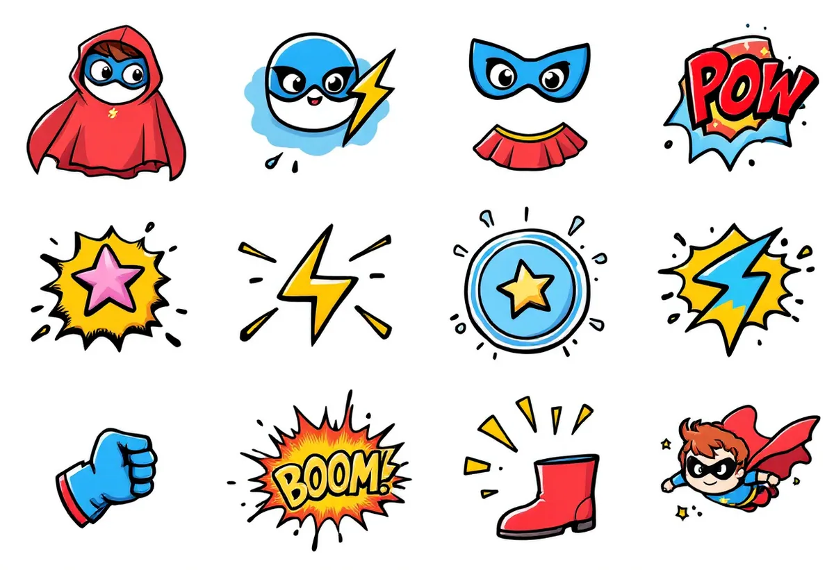 Cartela de tatuagens temporárias Super-heróis — Modelo 3 (Infantil). Inclui super-herói, herói, capa, máscara