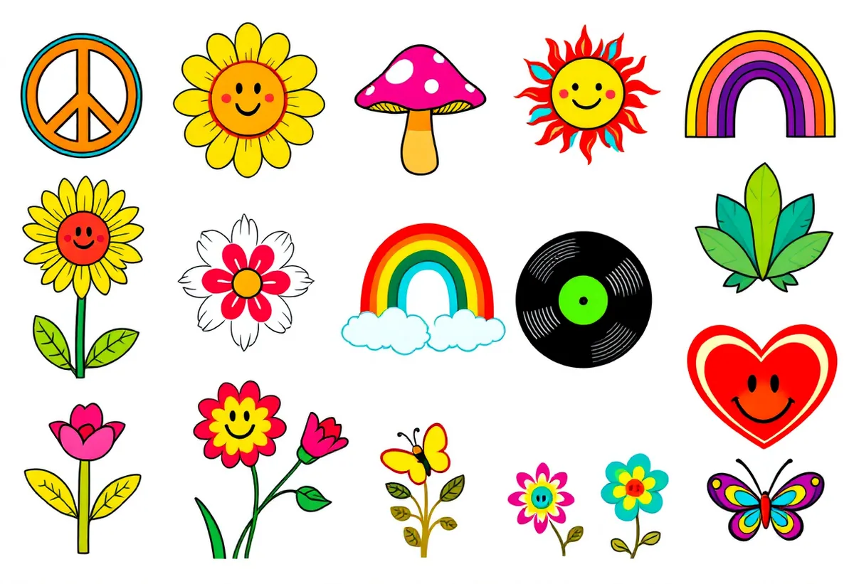 Cartela de tatuagens temporárias Hippie Psicodélico — Modelo 1 (Adulto). Inclui símbolo da paz, flor, girassol, cogumelo