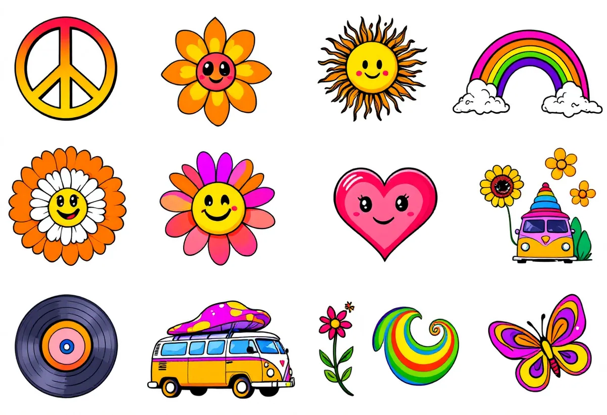 Cartela de tatuagens temporárias Hippie Psicodélico — Modelo 2 (Adulto). Inclui símbolo da paz, flor, sol, arco-íris