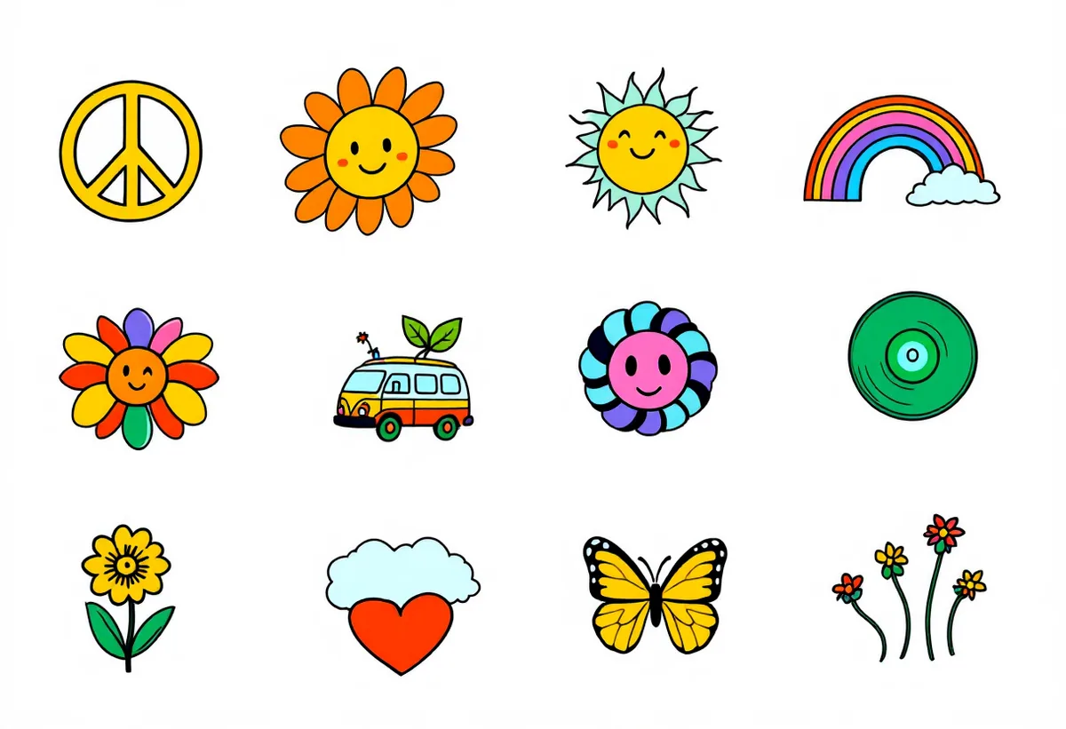 Cartela de tatuagens temporárias Hippie Psicodélico — Modelo 3 (Adulto). Inclui símbolo da paz, flor, sol, arco-íris