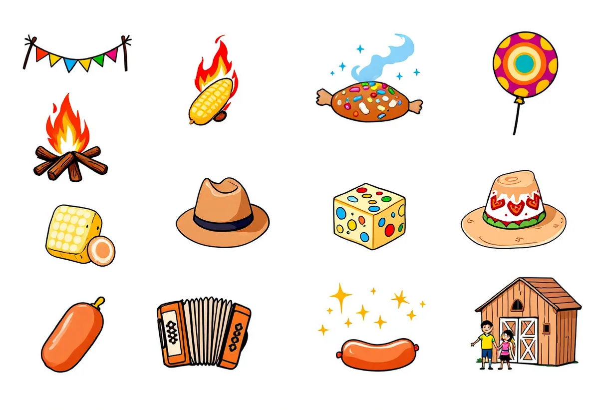Cartela de tatuagens temporárias Festa Junina — Modelo 2 (Adulto). Inclui bandeirinha, fogueira, milho, chapéu de palha