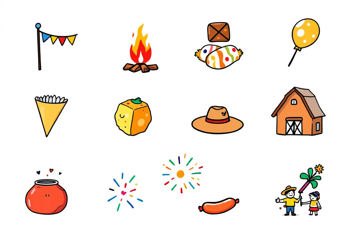 Cartela de tatuagens temporárias Festa Junina — Modelo 3 (Adulto). Inclui bandeirinha, fogueira, paçoca, balão