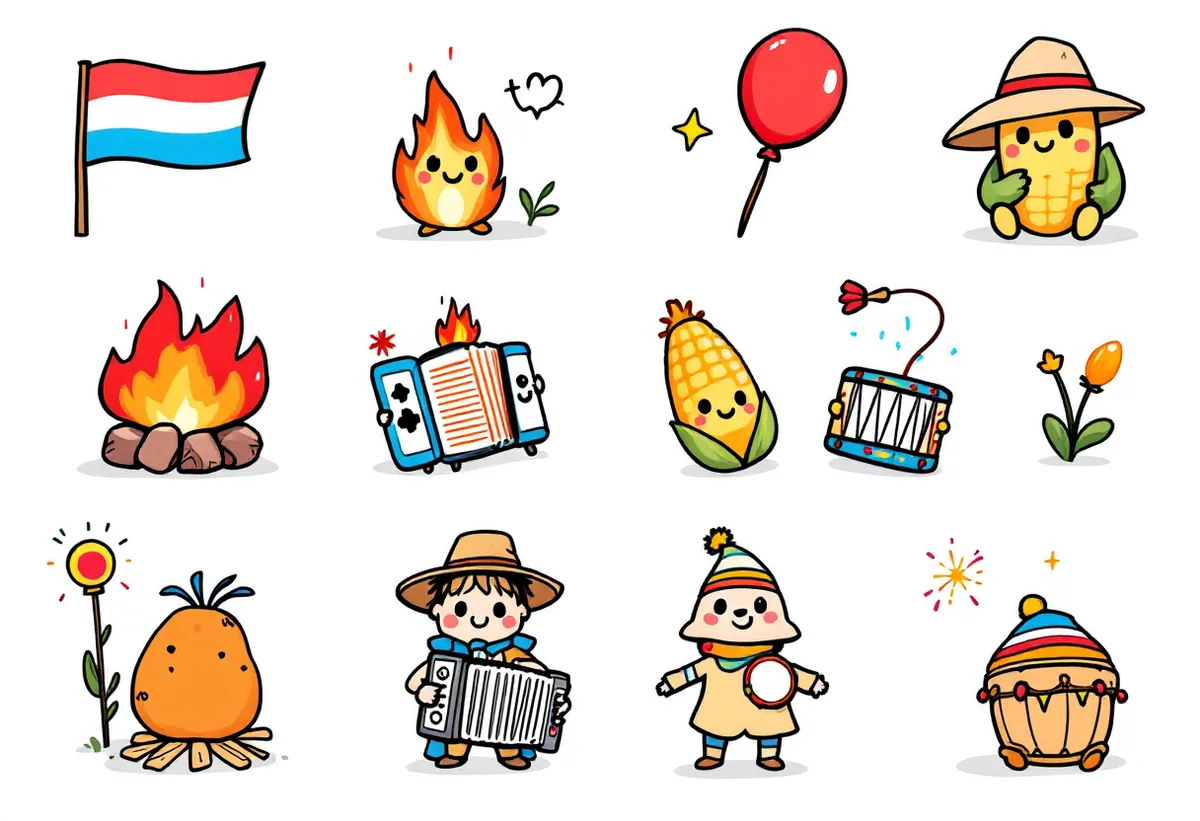 Cartela de tatuagens temporárias Festa Junina — Modelo 2 (Infantil). Inclui bandeira, fogueira, balão, chapéu de palha