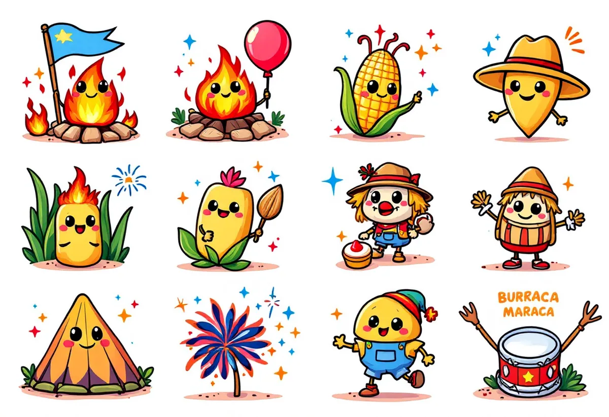 Cartela de tatuagens temporárias Festa Junina — Modelo 3 (Infantil). Inclui bandeirinha, fogueira, balão, milho