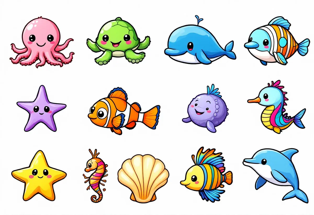 Cartela de tatuagens temporárias Animais Marinhos — Modelo 1 (Infantil). Inclui polvo, tartaruga, baleia, peixe
