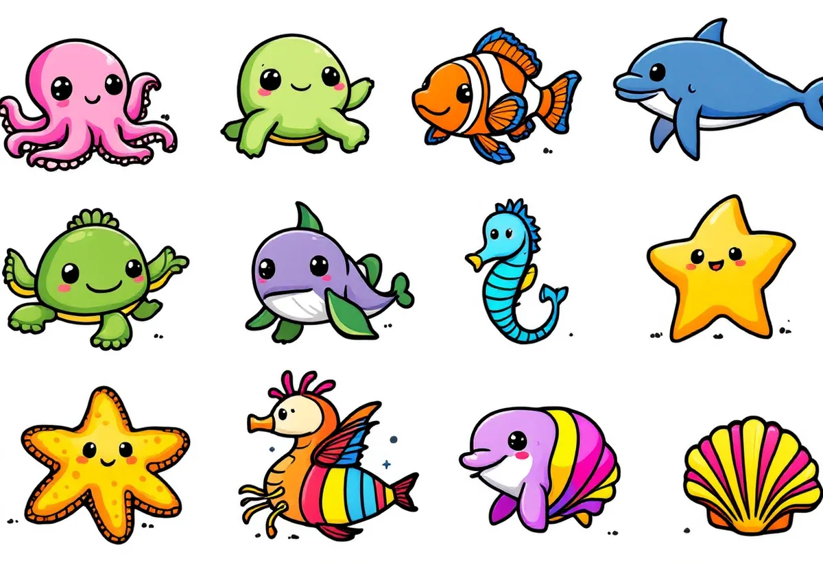 Cartela de tatuagens temporárias Animais Marinhos — Modelo 2 (Infantil). Inclui polvo, tartaruga, peixe-palhaço, nemo