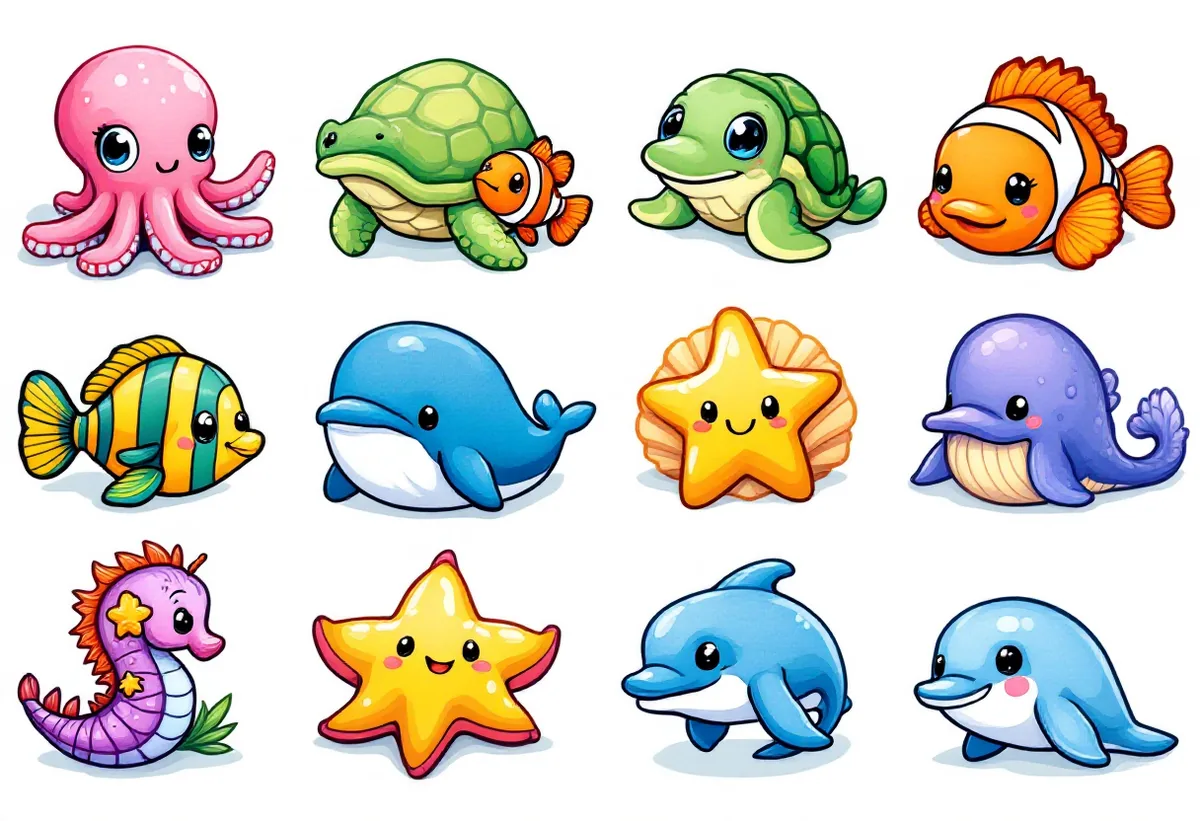 Cartela de tatuagens temporárias Animais Marinhos — Modelo 3 (Infantil). Inclui polvo, tartaruga, peixe-palhaço, nemo