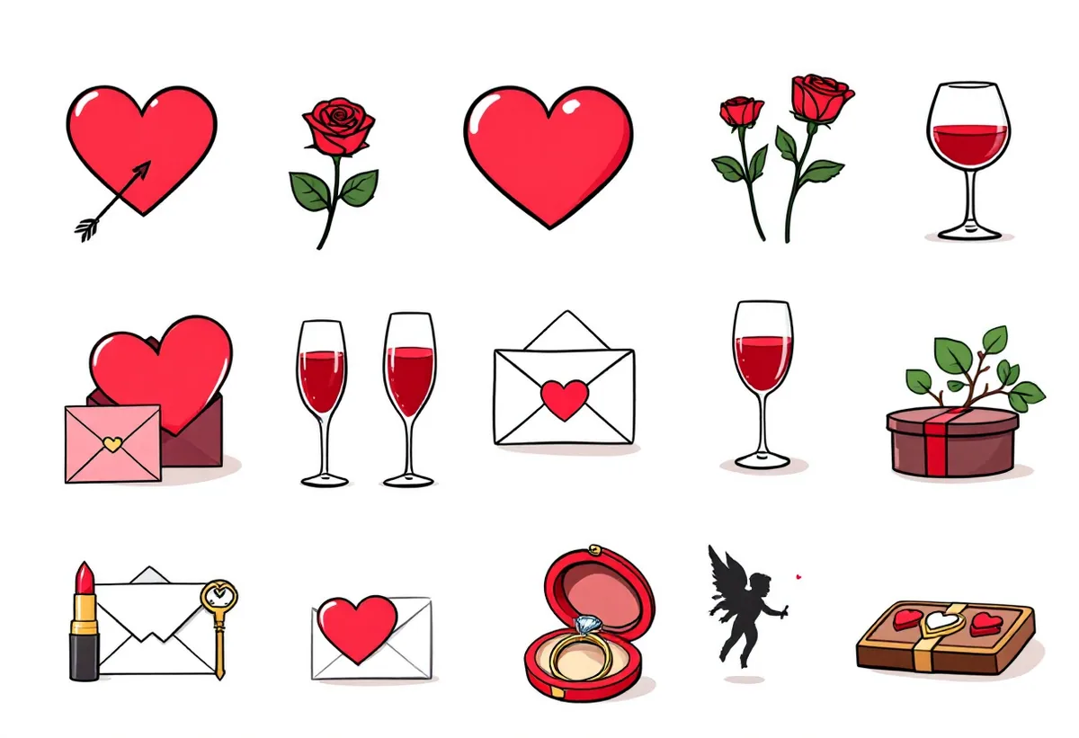 Cartela de tatuagens temporárias Dia dos Namorados — Modelo 1 (Adulto). Inclui coração, flecha, rosa, taça de vinho