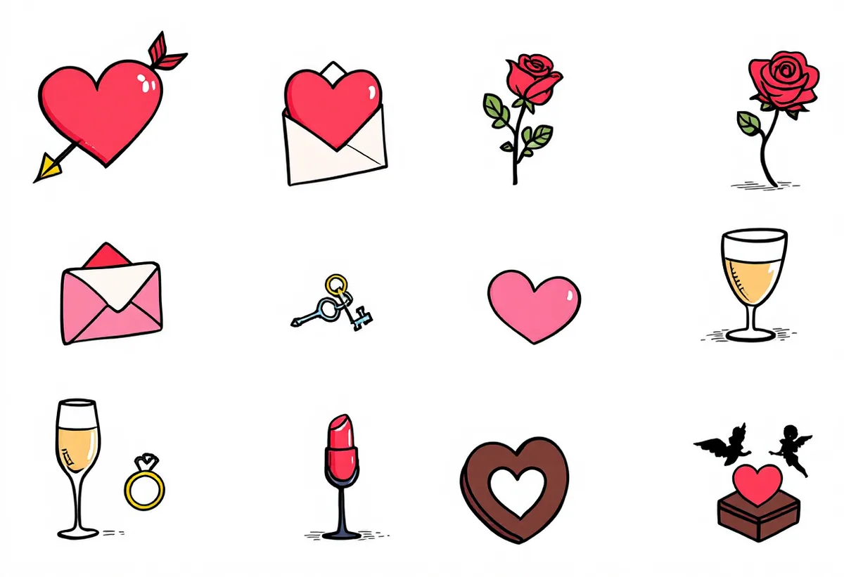 Cartela de tatuagens temporárias Dia dos Namorados — Modelo 3 (Adulto). Inclui coração, flecha, carta, envelope