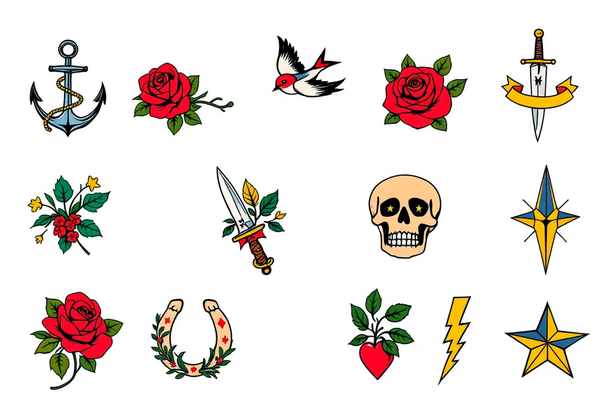 Cartela de tatuagens temporárias Old School — Modelo 2 (Adulto). Inclui âncora, rosa, andorinha, adaga