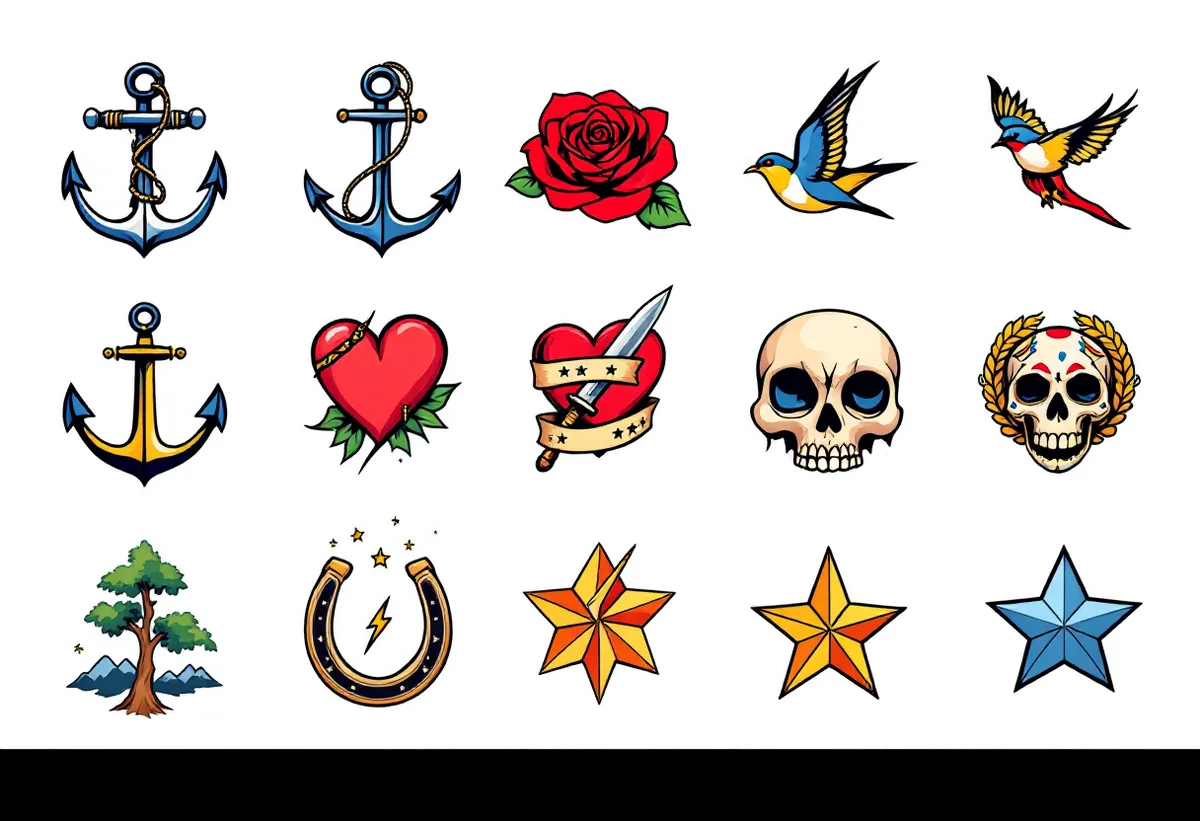 Cartela de tatuagens temporárias Old School — Modelo 3 (Adulto). Inclui âncora, rosa, andorinha, coração