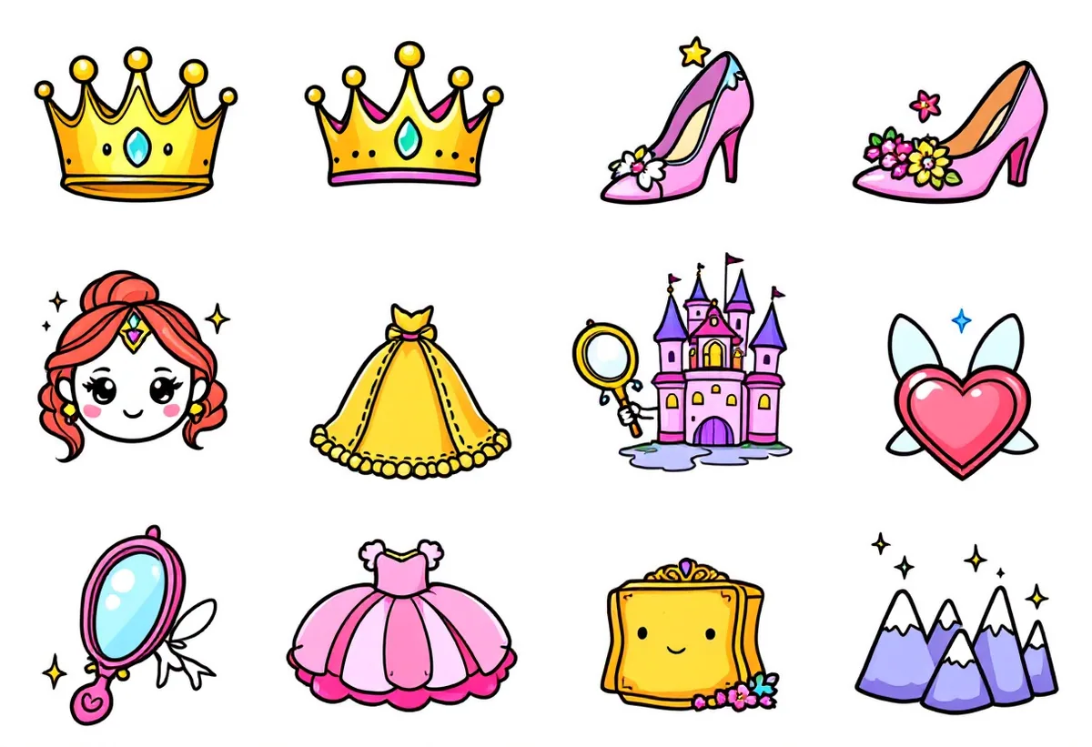 Cartela de tatuagens temporárias Princesas — Modelo 3 (Infantil). Inclui coroa, sapatinho, vestido, castelo