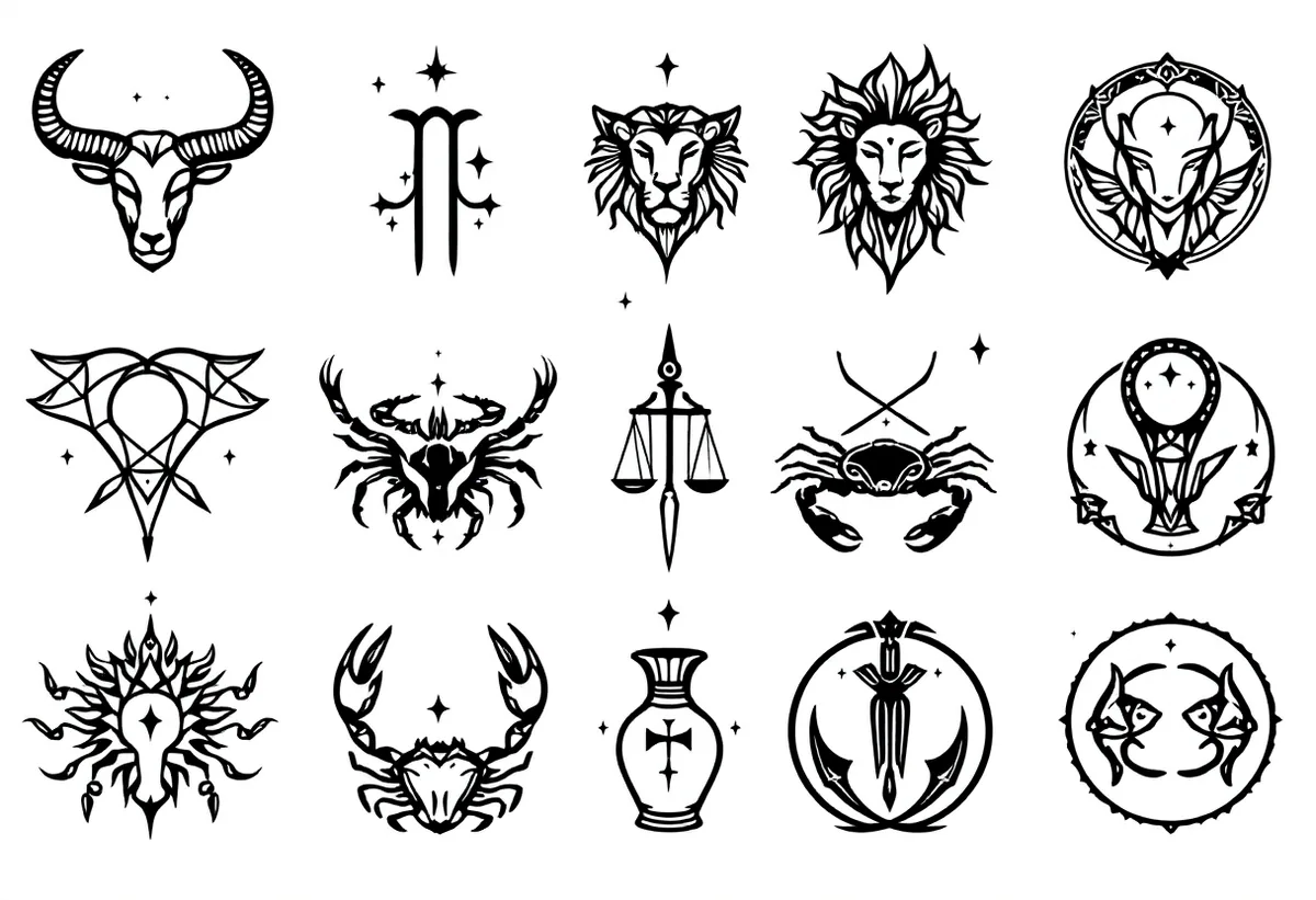 Cartela de tatuagens temporárias Signos do Zodíaco — Modelo 1 (Adulto). Inclui áries, touro, leão, câncer