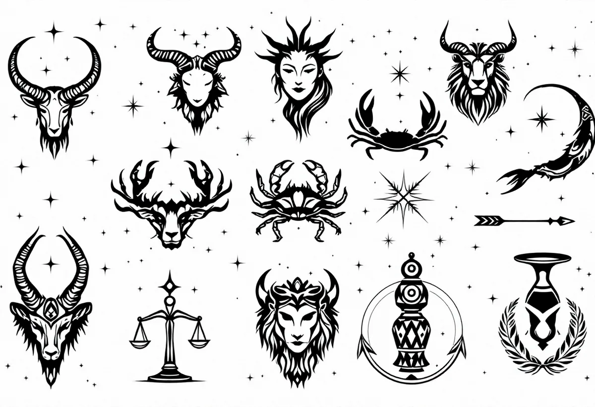 Cartela de tatuagens temporárias Signos do Zodíaco — Modelo 3 (Adulto). Inclui áries, touro, leão, câncer
