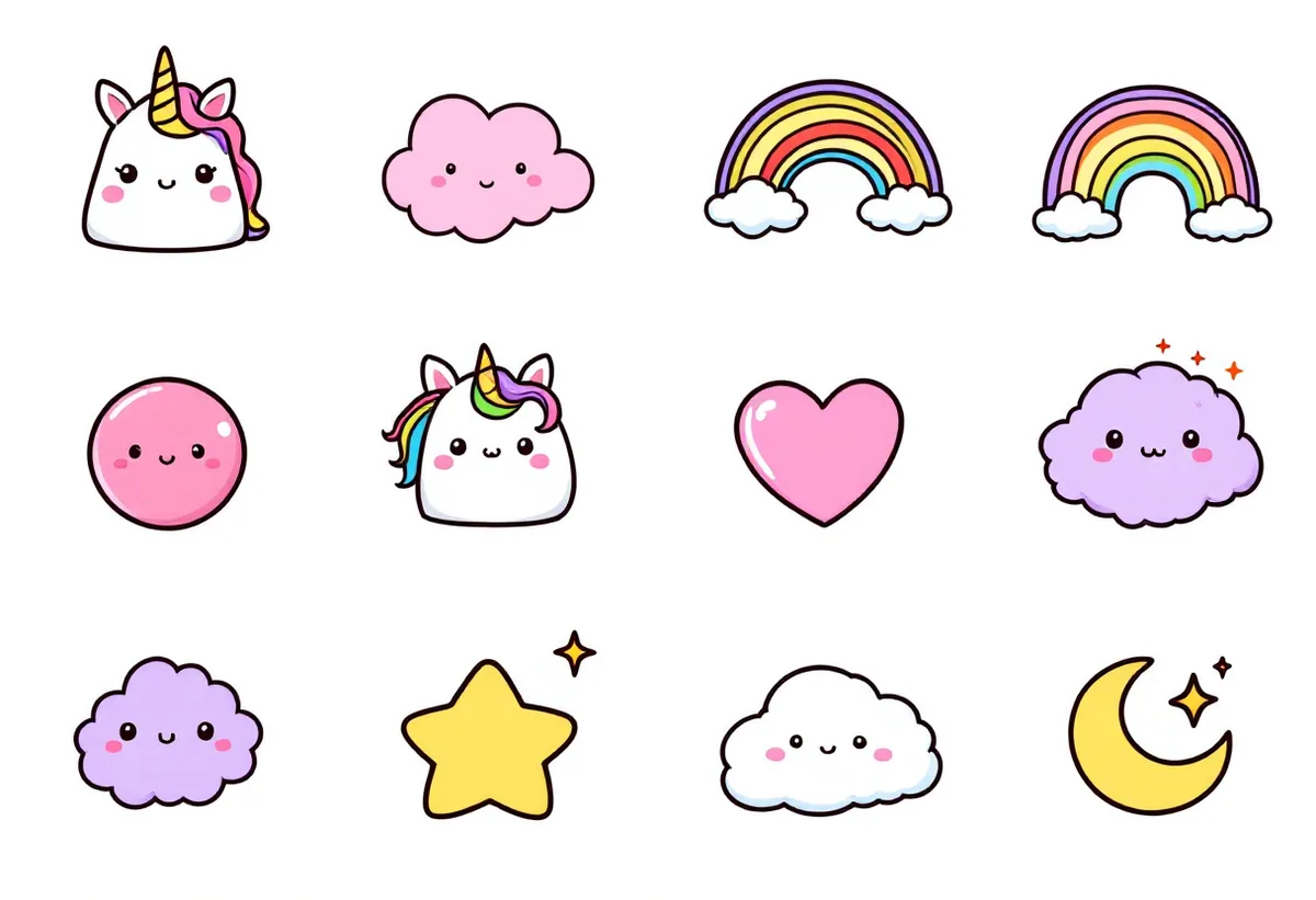 Cartela de tatuagens temporárias Unicórnios — Modelo 1 (Infantil). Inclui unicórnio, arco-íris, nuvem, coração