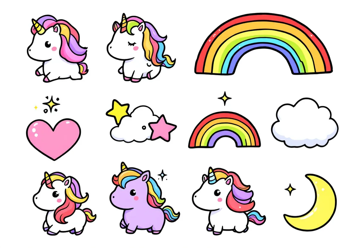 Cartela de tatuagens temporárias Unicórnios — Modelo 2 (Infantil). Inclui unicórnio, pônei, cavalo, arco-íris
