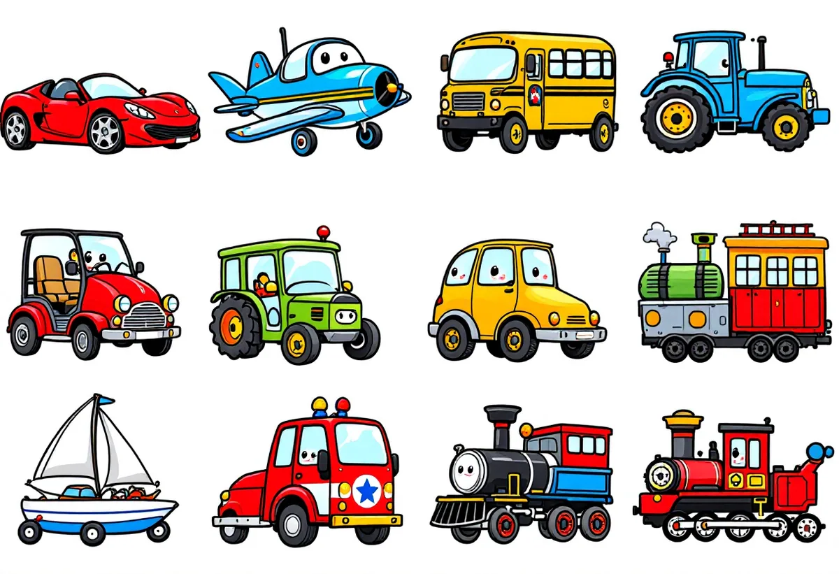 Cartela de tatuagens temporárias Veículos — Modelo 1 (Infantil). Inclui carro, avião, ônibus, trator