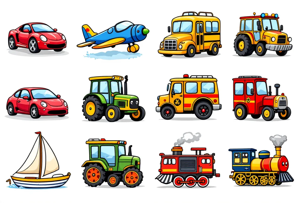 Cartela de tatuagens temporárias Veículos — Modelo 2 (Infantil). Inclui carro, avião, ônibus escolar, ônibus
