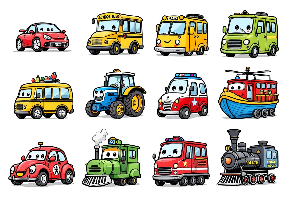 Cartela de tatuagens temporárias Veículos — Modelo 3 (Infantil). Inclui carro, fusca, ônibus escolar, ônibus