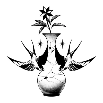Andorinhas com vaso de flor